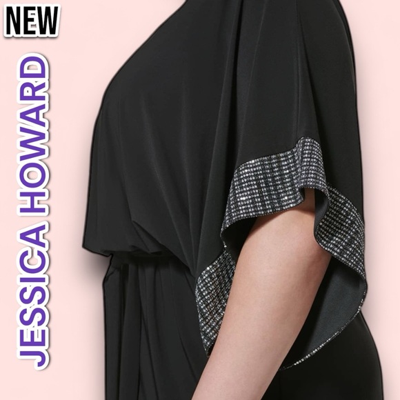 NWT Jessica Howard Elbow Sleeve Boat Neck Metallic Trim Sheath Dress - Picture 6 of 6